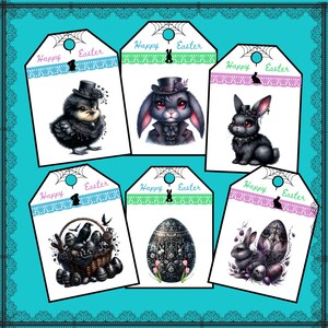 Puede incluir: Seis etiquetas de regalo imprimibles con ilustraciones en blanco y negro de personajes con temática de Pascua. Las etiquetas tienen un fondo blanco con un diseño de telaraña negra y un borde de encaje rosa, azul o verde. El texto "Feliz Pascua" está impreso en cada etiqueta. Las ilustraciones incluyen un pollito negro con un sombrero de copa, un conejito negro con un sombrero de copa y un chaleco, un conejito negro con un collar, una cesta llena de huevos negros, un huevo negro con un diseño decorativo y un conejito negro con una cesta de huevos.