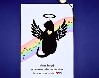 Cat Sympathy Card, cat angel and rainbow card, forever in our hearts, between hello goodbye so much love, cat condolences pet loss note card
