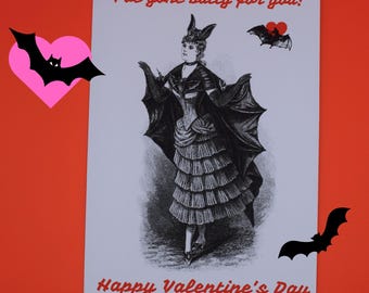 Goth Victorian Bat Woman Valentines Day card | unique gothic Happy V Day card | spooky historical bat love Greeting Card | Batty for You