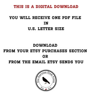 Op de afbeelding: Tekst op een witte achtergrond die luidt: "Dit is een digitale download. Je ontvangt &eacute;&eacute;n PDF-bestand in US Letter-formaat. Download het van je Etsy-aankopen sectie of van de e-mail die Etsy je stuurt." Onder de tekst staat een zwart-wit logo van een raaf met de tekst "The Curious Crow Press Etsy Shop".