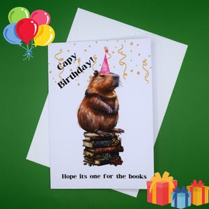 Carte d'anniversaire Capybara et livres | Adorable joyeux anniversaire Capy Cappy | d'anniversaire capybara pour amateur de lecture pour lui, son petit ami | carte de rat de bibliothèque