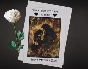 Gothic Mothers Day Card | Victorian Goth mom and daughter hug card | stepmom daughter alternative vintage look card | my dark little heart