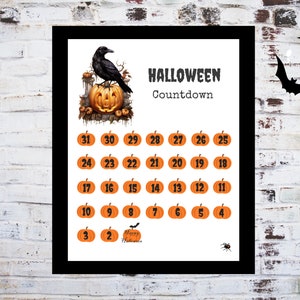 Może przedstawiać: Drukowany kalendarz odliczania do Halloween z czarną wroną siedzącą na dyni. Kalendarz zawiera liczby od 1 do 31 w kształcie pomarańczowych dyni. Tekst "HALLOWEEN Countdown" znajduje się na górze kalendarza.