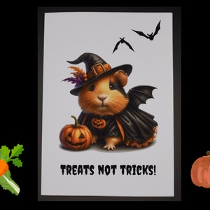 Karta Halloween z nietoperzem i świnką morską | czarownica, dynia, świnka morska | Karta z pozdrowieniami na Halloween dla dzieci | smakołyki, nie sztuczki | słodkie stworzenie w kostiumie