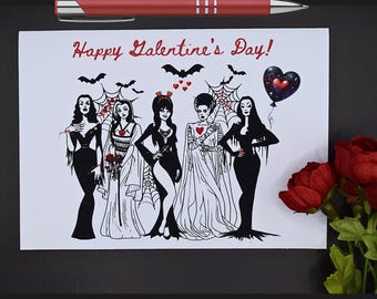 Goth Women Happy Galentines Valentijnsdagkaart | vampier vampier meisje monsters gotische donkere unieke wenskaart | cadeau voor vrienden haar