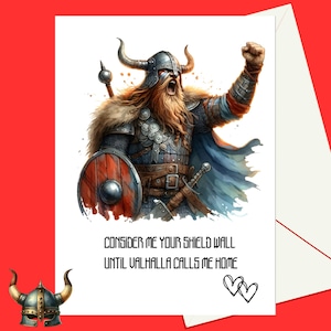 Tarjeta imprimible del día de San Valentín con un guerrero vikingo / saludo de Valhalla con un muro de escudos / amor romántico de los nórdicos, los sajones, los celtas y los nórdicos, aniversario y boda