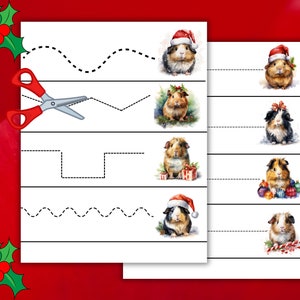 May include: A printable worksheet with five lines of dotted lines for tracing. Each line has a cute illustration of a guinea pig wearing a Christmas hat and holding a Christmas-themed item. The guinea pigs are wearing red, green, and white hats and holding presents, ornaments, and candy canes.