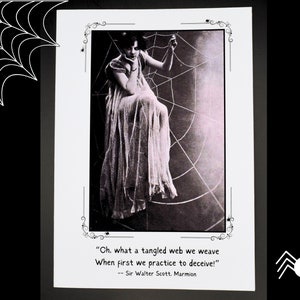 May include: A black and white photograph of a woman in a long dress standing in a spider web. The quote "Oh, what a tangled web we weave When first we practice to deceive!" - Sir Walter Scott. Marmion is printed below the image.