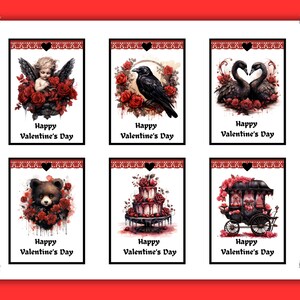 Op de afbeelding: Zes printbare Valentijnsdagkaarten met gotisch ge&iuml;nspireerde illustraties. De kaarten tonen een cherubijn, een raaf, een paar zwanen, een beer, een taart en een koets. Elke kaart heeft een zwarte rand en de tekst "Gelukkige Valentijnsdag".