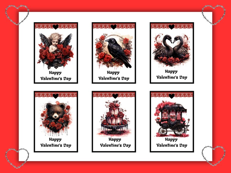 Op de afbeelding: Zes printbare Valentijnsdagkaarten met gotisch ge&iuml;nspireerde illustraties. De kaarten tonen een cherubijn, een raaf, een paar zwanen, een beer, een taart en een koets. Elke kaart heeft een zwarte rand en de tekst "Gelukkige Valentijnsdag".