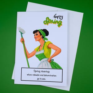 Retro Frau Frühjahrsputz Saison Karte | Vintage Womans Frühjahrsputzkasten notiz | witzige Humor Grußkarte | Sonnenwende Frühlingszeit