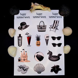 May include: A sheet of stickers with a summer and Halloween theme. The stickers include a sun hat, beach bag, beach chair, sunscreen, cocktail, pineapple, ice cream cone, sunglasses, sand castle, beach ball, inflatable unicorn, flip-flops, seashell, and a flower. The text "happy summerween" is printed on the sheet.