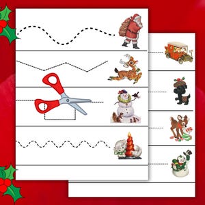 May include: A printable worksheet with a variety of Christmas-themed images and dotted lines for children to trace. The images include Santa Claus, a reindeer, a snowman, a candle, and a Christmas car.