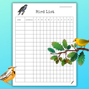 May include: Printable bird checklist with a grid for recording bird sightings. The checklist includes columns for the bird's name, location, and the months of the year. There are two illustrations of birds on the page.