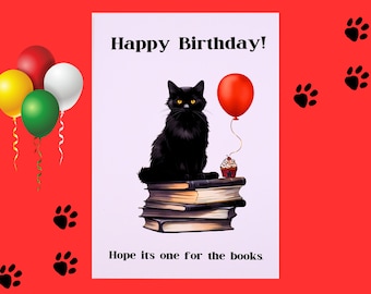 Geburtstagskarte mit Katze und Bücher | schwarze Katze alles Gute zum Geburtstagkarte | Bücher Katzen Geburtstagskarte | Geburtstagskarte für Katzenliebhaber | Freund Grußkarte