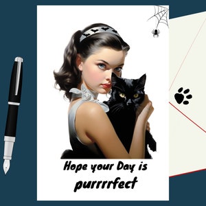 Goth meisje en kat kaart | Meisje en zwarte kat afdrukbaar | Goede dag wenskaart | Gotische wenskaart | digitale instant 5x7 kaart voor vriend