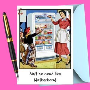 Cartão para impressão "Ain't No Hood Like Motherhood" | Cartão nostálgico retrô para o Dia das Mães | Cartão com arma de cowboy e índio | Cartão engraçado para mãe, esposa e amiga