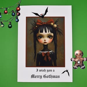 Słodka gotycka dziewczyna nietoperze świąteczna gotycka karta | Creepmas | Upiorna gotycka karta świąteczna | Mroczna kartka z pozdrowieniami | wyjątkowa gotycka kartka świąteczna | gothmas