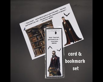 Könnte beinhalten: Ein Karten- und Lesezeichen-Set mit einer Schwarzweißillustration von Graf Dracula aus Bram Stokers Dracula. Die Karte und das Lesezeichen zeigen das Zitat "Bücher "waren gute Freunde für mich..." - Bram Stoker, DRACULA".