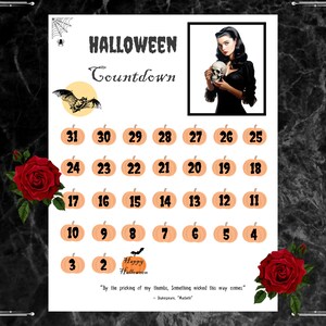Può includere: Un calendario di conto alla rovescia di Halloween stampabile con un'illustrazione vintage di una donna in un abito nero che tiene un teschio. Il calendario è decorato con zucche arancioni e il testo "HALLOWEEN Countdown".