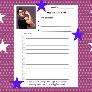 To-Do List | Philippians 4:13 | Goth Rosie the Riveter To Do List Printable with Scripture | Daily Weekly Task Priorities List