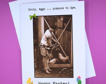 Happy Easter card, dye Easter eggs card, Easter card chickens, retro woman photo, vintage farm greeting card, funny card for her or him