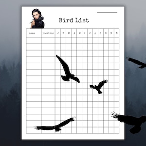 May include: A printable bird list with a black and white grid. The grid has columns for the bird's name, location, and each month of the year. There are four black silhouettes of birds flying in the background.