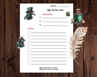 Takenlijst voor pestdokter | Afdrukbare takenlijst pestdokter | Dagelijkse wekelijkse taakprioriteitenlijst | Citaat van Don Quichot | Takenlijst pest dr