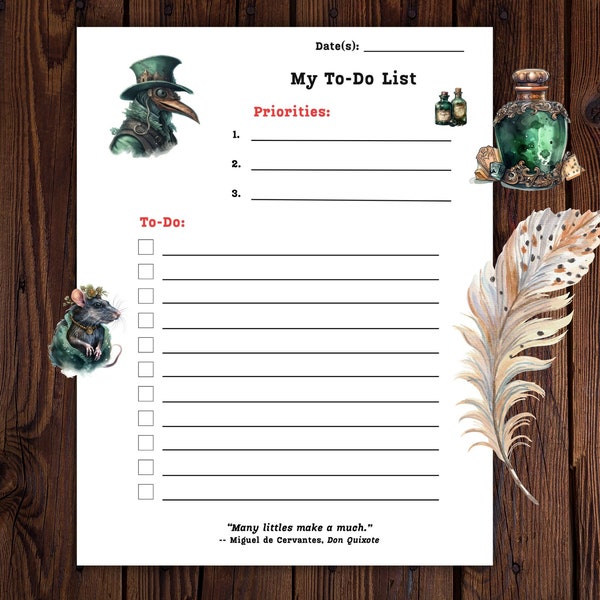 Plague Doctor To-Do List | Plague Doctor To Do List Printable | Daily Weekly Task Priorities List | Don Quixote quote | plague dr task list