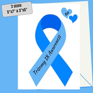 Trisomie 18 Bewustzijnskaart afdrukbare 3 x 5 en 5 x 7 | 18 maart Trisomiebewustzijnsdag | Edwards-syndroom T18 | 18e chromosoomkaart met blauw lint