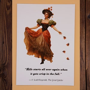 donna vintage autunno autunno biglietto di auguri / citazione del Grande Gatsby biglietto a tema autunnale / la vita ricomincia da capo Crisp in the Fall / felice stagione del raccolto