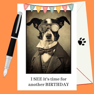 Tarjeta de cumpleaños imprimible con perro con gafas protectoras / Feliz cumpleaños, divertida tarjeta vintage elegante estilo victoriano steampunk para amantes de los perros