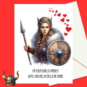 Tarjeta imprimible del Día de San Valentín de la doncella escudera vikinga / saludo de la doncella escudera Valhalla mujer celta sajona nórdica amor romántico aniversario boda