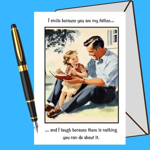Rétro fille et papa lisant le livre carte imprimable pour la fête des pères | Bonne fête des papas, blague sur son beau-père, sourire drôle, rire sarcastique, carte instantanée de sa fille