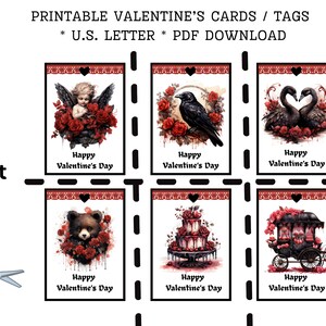 Op de afbeelding: Printbare Valentijnsdagkaarten of -labels met zes verschillende ontwerpen. De ontwerpen omvatten een cherub met rozen, een raaf, twee zwarte zwanen, een beer met rozen, een taart met rode glazuur en een koets met een hartvormig raam. Elke kaart heeft de tekst "Gelukkige Valentijnsdag" erop gedrukt.