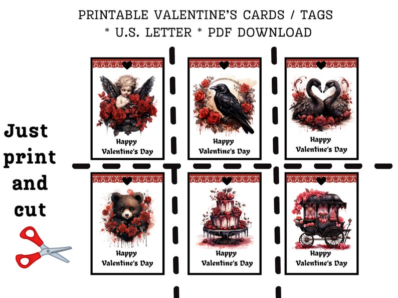 Op de afbeelding: Printbare Valentijnsdagkaarten of -labels met zes verschillende ontwerpen. De ontwerpen omvatten een cherub met rozen, een raaf, twee zwarte zwanen, een beer met rozen, een taart met rode glazuur en een koets met een hartvormig raam. Elke kaart heeft de tekst "Gelukkige Valentijnsdag" erop gedrukt.
