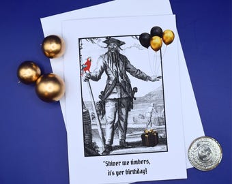 Blackbeard Pirate Birthday Card | Shiver Me Timbers Happy Birthday card | Edward Teach Buccaneers sea robber jolly roger nautical historical