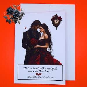 Casal gótico Annabel Lee Cartão de dia dos namorados Citação de Edgar Allan Poe | gótico escuro vampiro romântico aniversário amor casamento cartão seja meu rosas