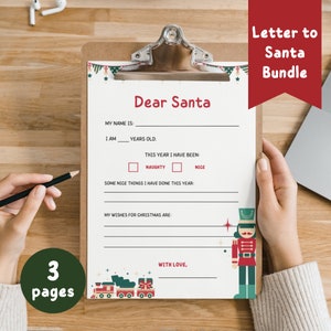 Paquete de cartas imprimibles a Papá Noel / Carta navideña de Querido Papá Noel para niños / Lista de deseos navideños / Plantilla de carta de Papá Noel