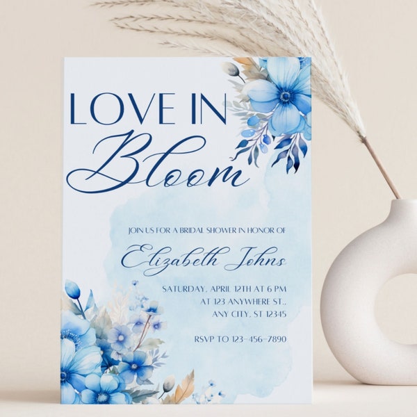 Blue Love In Bloom Bridal Shower Invitation Template, Blue Watercolour Love In Bloom Invitation, Blue Bridal Shower Invitation
