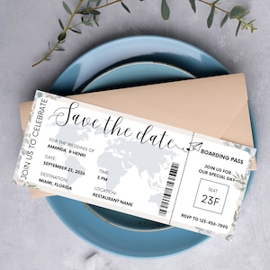 Descarga instantánea de la tarjeta de embarque Guardar la plantilla de fecha, invitación de boleto de avión, invitación de tarjeta de embarque personalizada, beige y azul guardar la fecha