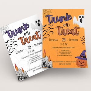 Editable Trunk or Treat Flyer available in three colors with matching Halloween invitation | Fall festival invite