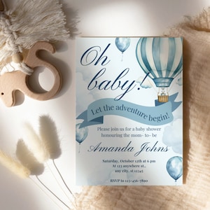 Conjunto de convites para chá de bebê com balão de ar quente, pacote de convite para chá de bebê de aventura para meninos, convite para chá de bebê em balão de ar quente em aquarela