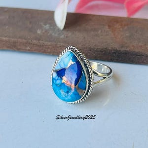 Handmade Kingman Turquoise Ring: Pear Stone 925 Sterling Silver Band Blue Dahlia