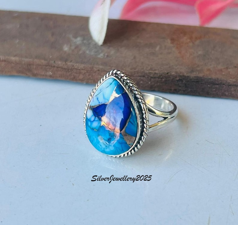 Handmade Kingman Turquoise Ring: Pear Stone 925 Sterling Silver Band Blue Dahlia