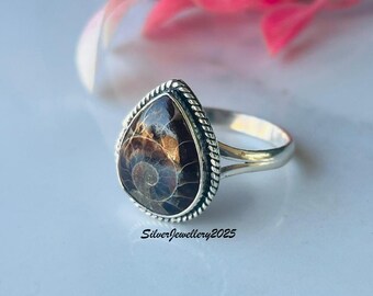 Handmade Pear Shape Ammonite Fossil Ring: 925 Sterling Silver Gemstone