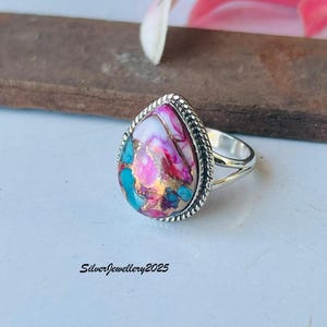 Handmade Kingman Turquoise Ring: Pear Stone 925 Sterling Silver Band Pink Copper