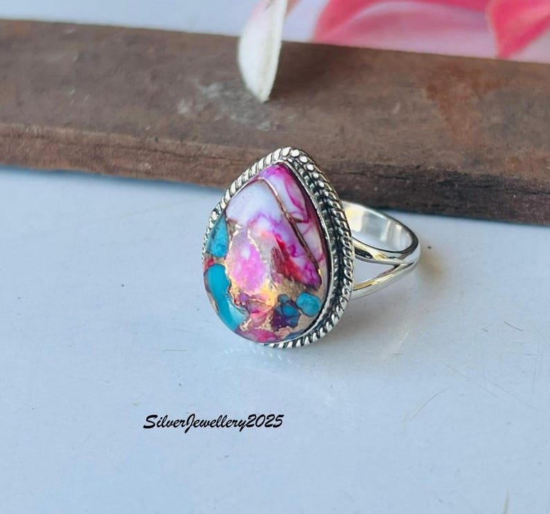 Handmade Kingman Turquoise Ring: Pear Stone 925 Sterling Silver Band Pink Copper