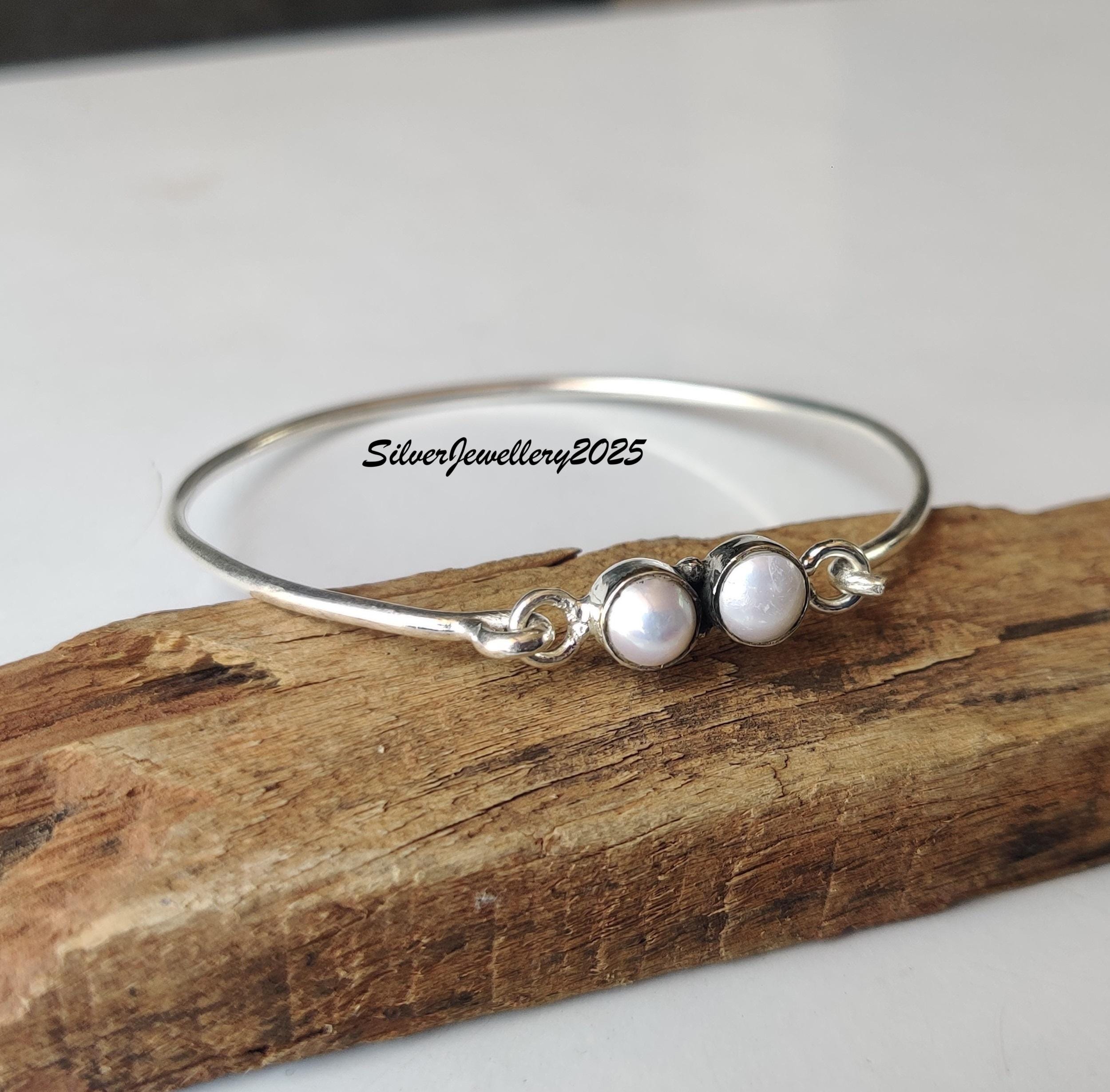 Handmade Dainty Pearl Bangle: 925 Sterling Silver Women's Jewelry