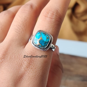 Blue Copper Turquoise Solid 925 Sterling Silver Ring For Women, Designer Handmade Women Squire Stone Ring For Wedding Anniversary Gift Idea
